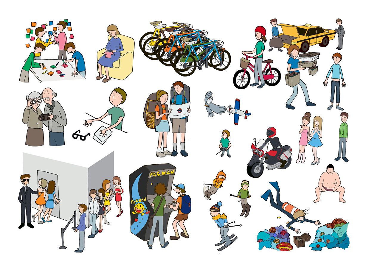 A grid of small color illustrations of everyday scenes