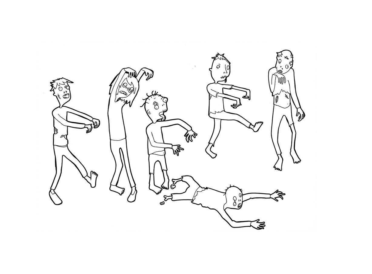 Line drawings of six figures mid-movement, stretching and stumbling
