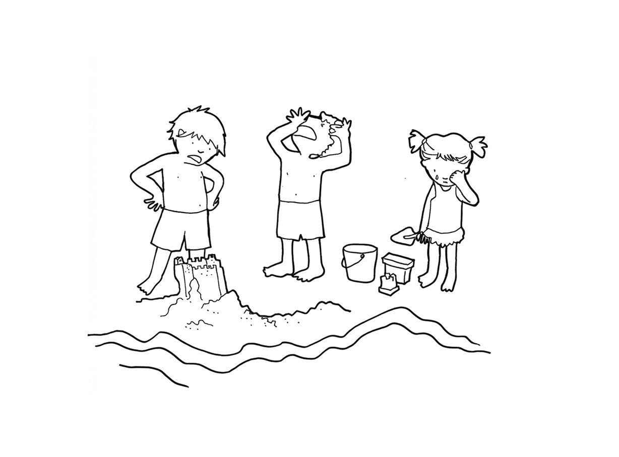 Line drawing of three children beside a collapsed sandcastle at the water's edge