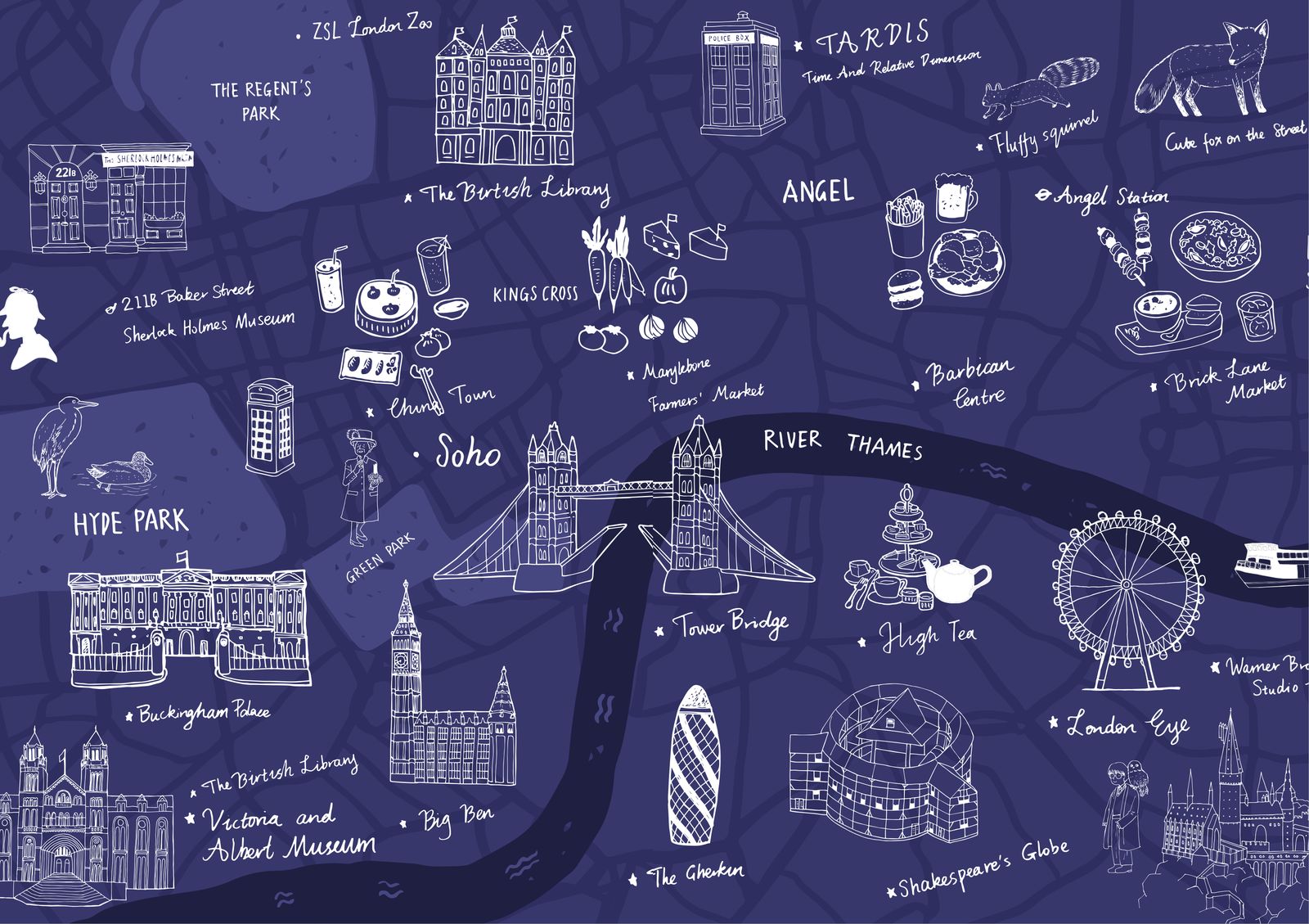 A hand-drawn map of central London in white line on deep purple, landmarks labeled by hand