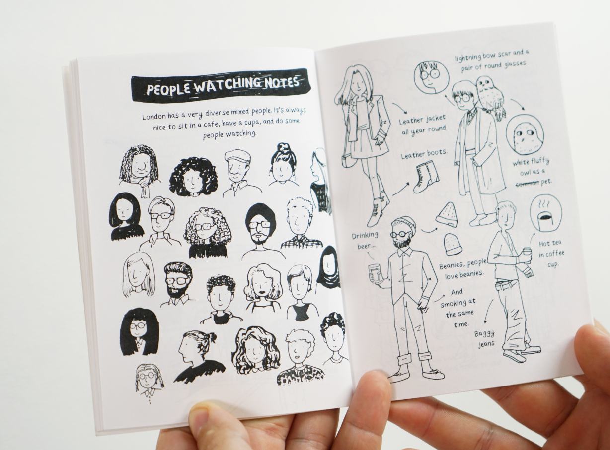 A People Watching Notes spread — rows of drawn faces and figures in London clothing