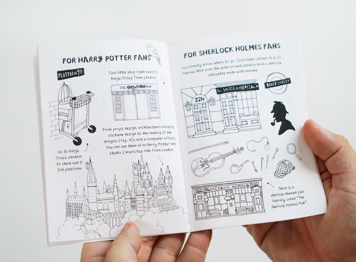 A spread headed For Harry Potter Fans and For Sherlock Holmes Fans, with drawn locations and props